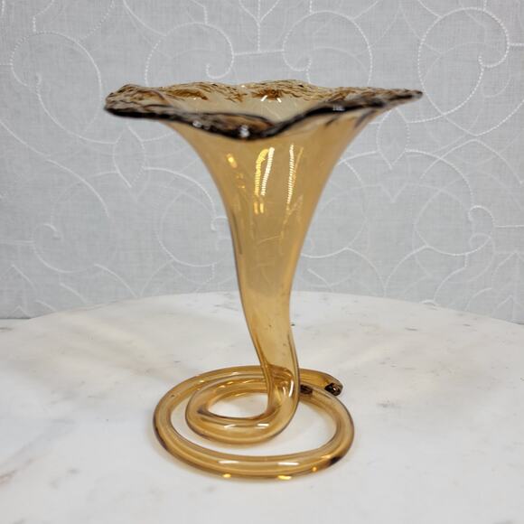 Vintage Handblown Glass Flower Vase 5" Amber Swirl Stem Murano Elegant - Picture 13 of 13